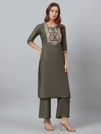 Women's Grey Embroidered Kurta Palazzo With Dupatta