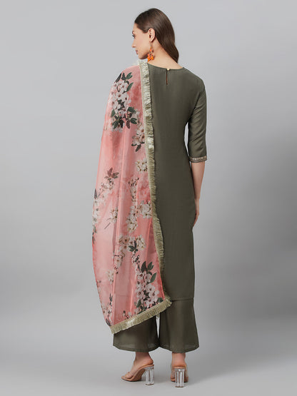 Women's Grey Embroidered Kurta Palazzo With Dupatta