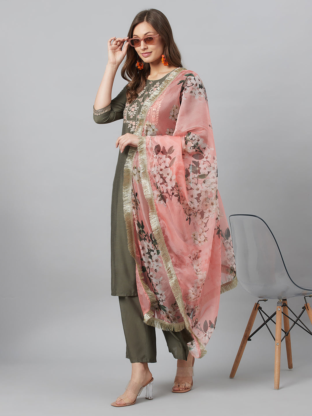 Women's Grey Embroidered Kurta Palazzo With Dupatta