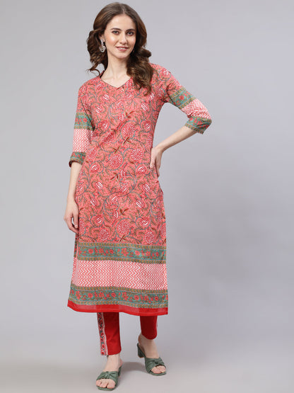 Women's Pink Floral Print Kurta With Pant
