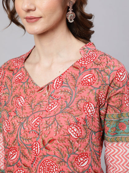 Women's Pink Floral Print Kurta With Pant