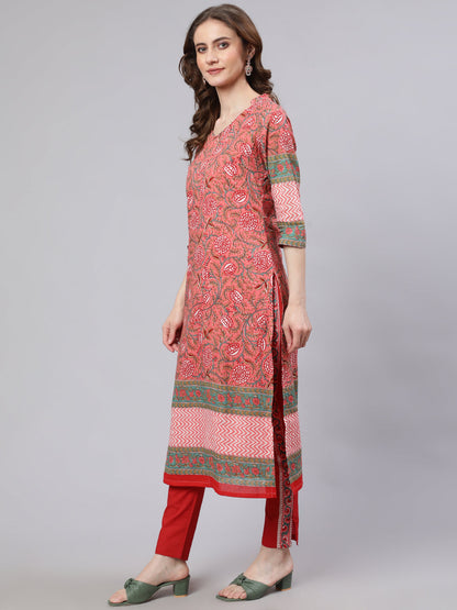 Women's Pink Floral Print Kurta With Pant
