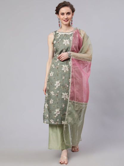 Women's Green Floral Print Kurta Palazzo With Dupatta