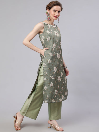 Women's Green Floral Print Kurta Palazzo With Dupatta