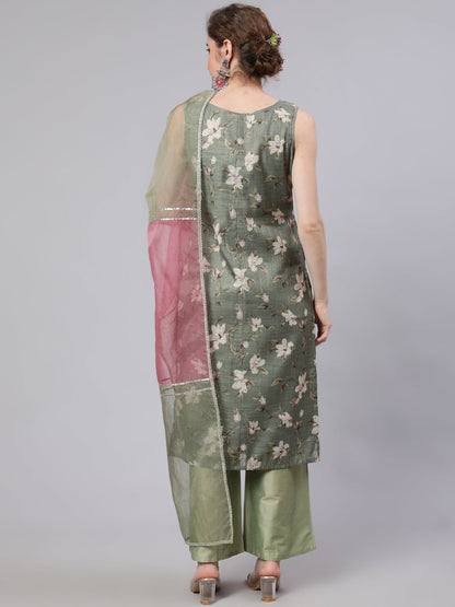 Women's Green Floral Print Kurta Palazzo With Dupatta