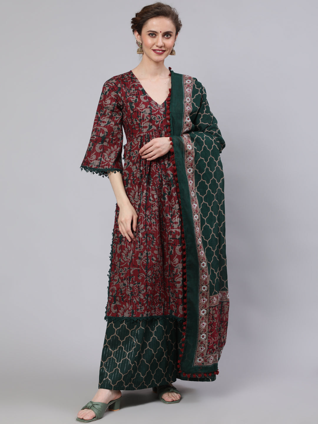 Women's Maroon Floral Print Kurta Palazzo With Dupatta