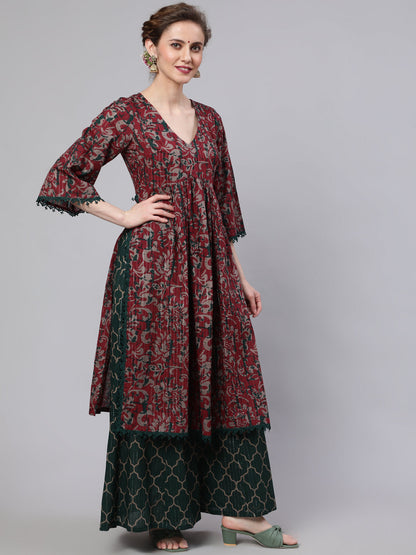 Women's Maroon Floral Print Kurta Palazzo With Dupatta