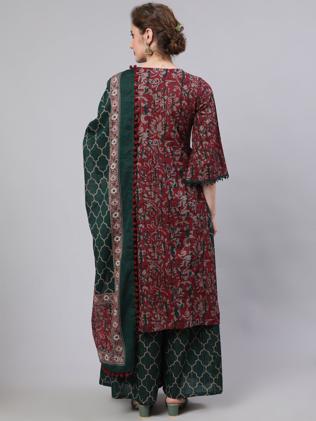 Women's Maroon Floral Print Kurta Palazzo With Dupatta