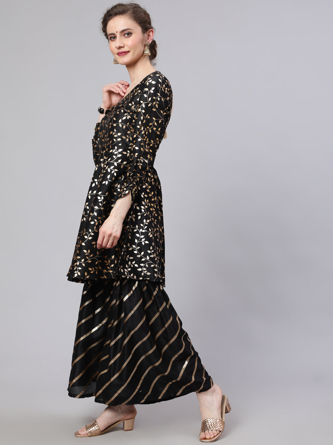 Women's Black Foil Print Kurta Sharara With Dupatta