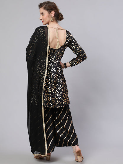 Women's Black Foil Print Kurta Sharara With Dupatta