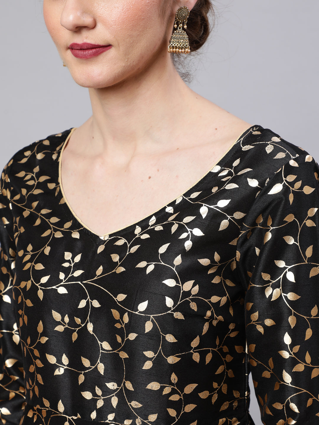 Women's Black Foil Print Kurta Sharara With Dupatta