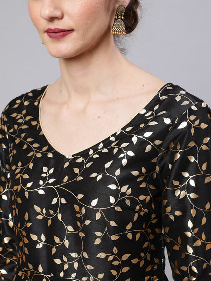 Women's Black Foil Print Kurta Sharara With Dupatta
