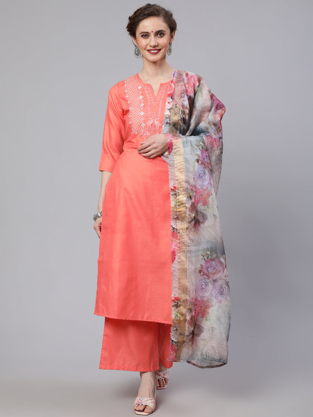 Women's Peach Embroidered Kurta Palazzo With Dupatta
