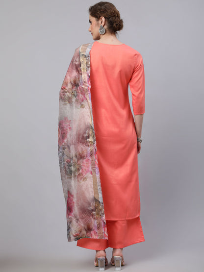 Women's Peach Embroidered Kurta Palazzo With Dupatta