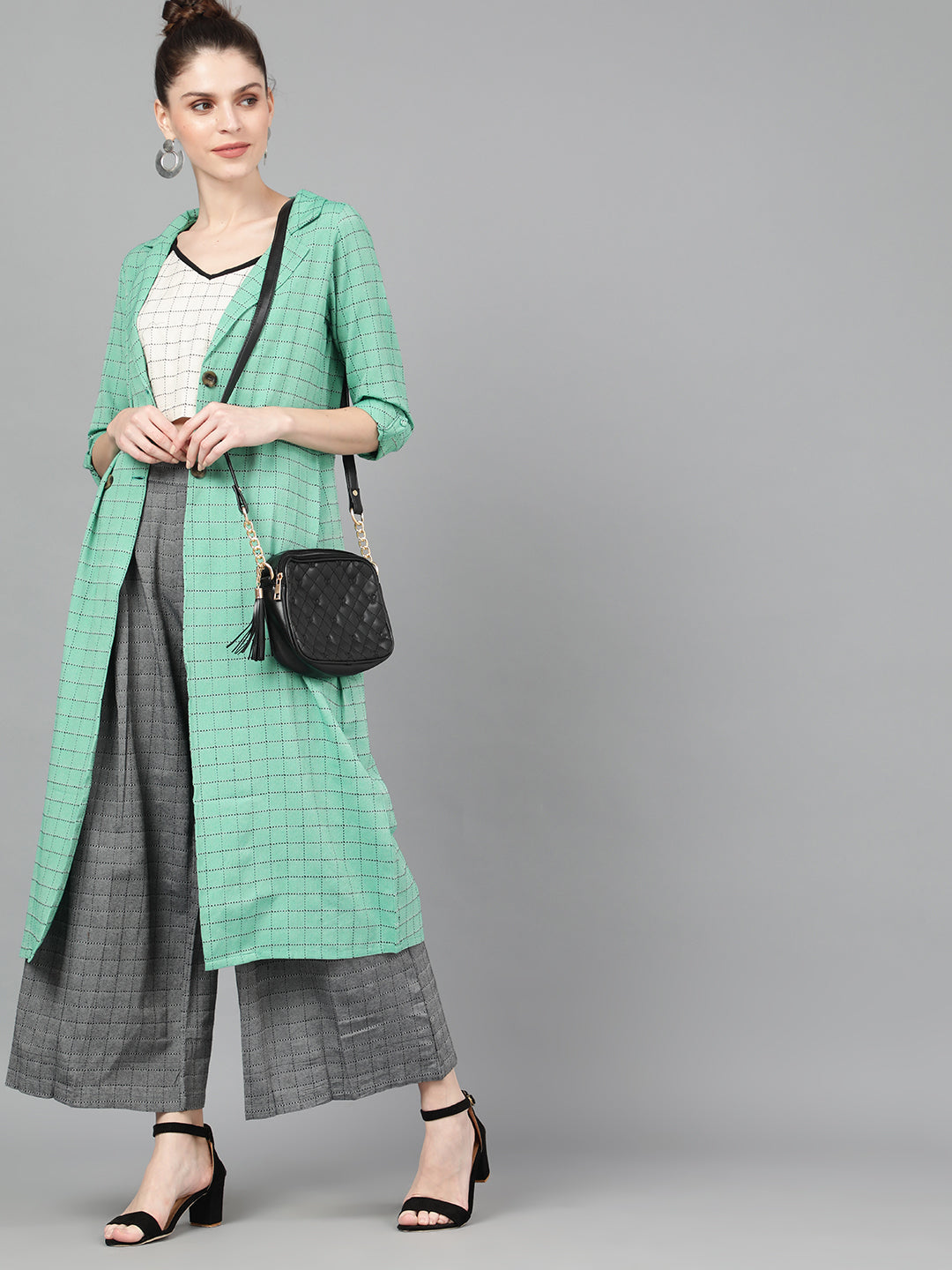 Women's Green Checked Long Jacket