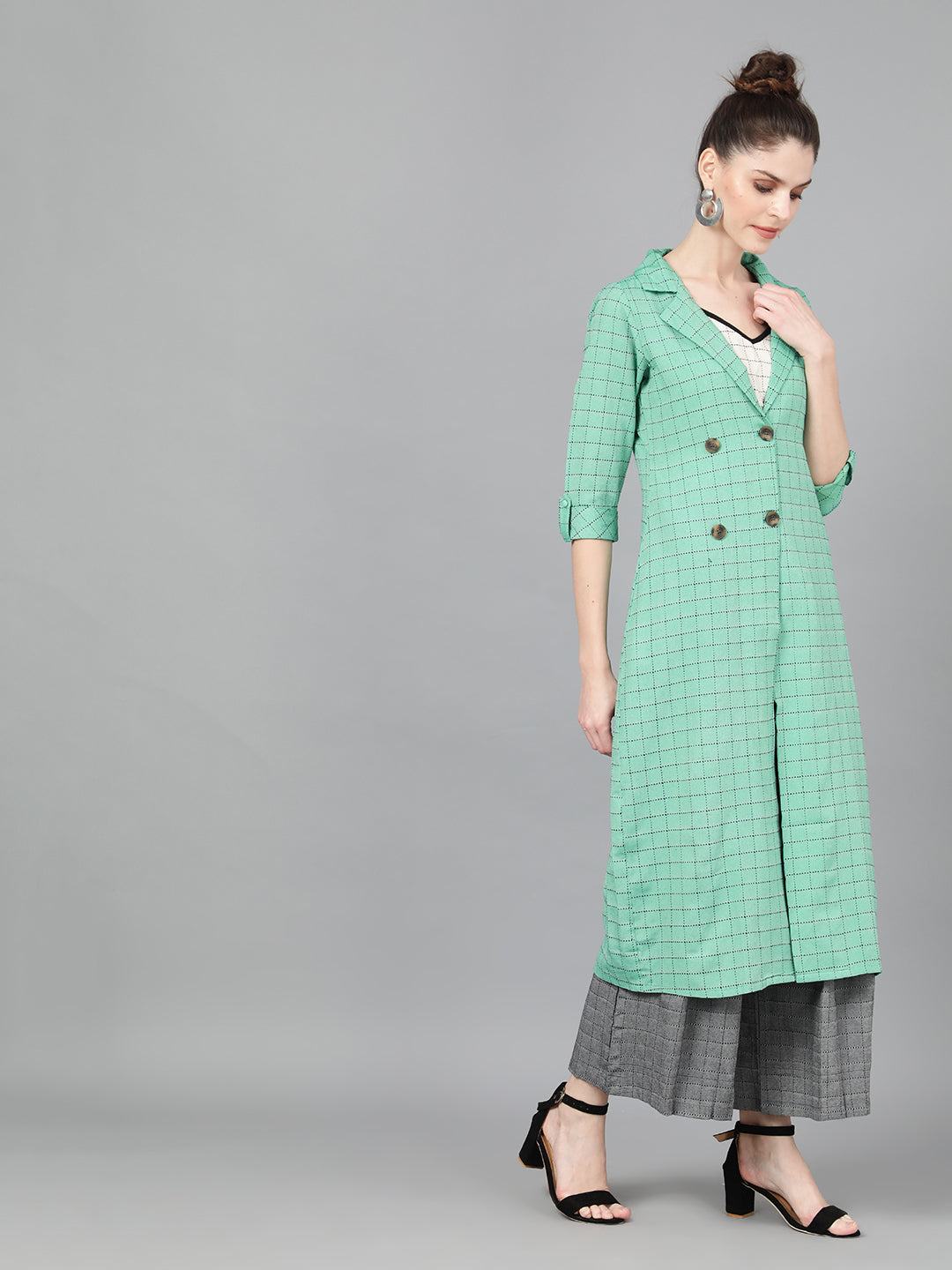 Women's Green Checked Long Jacket