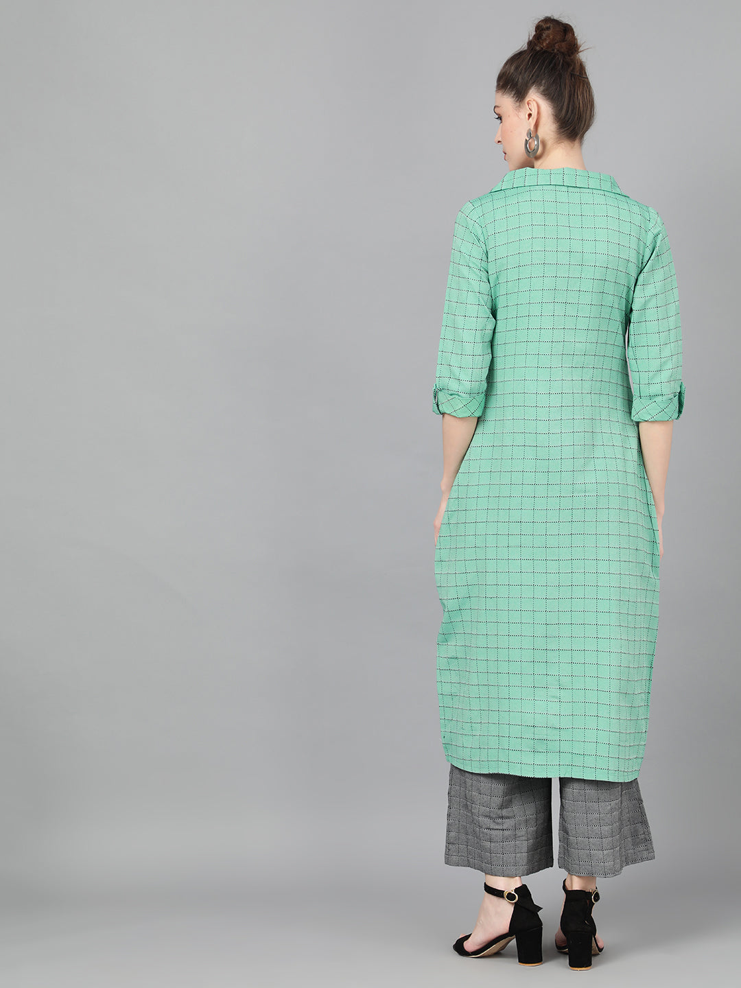 Women's Green Checked Long Jacket