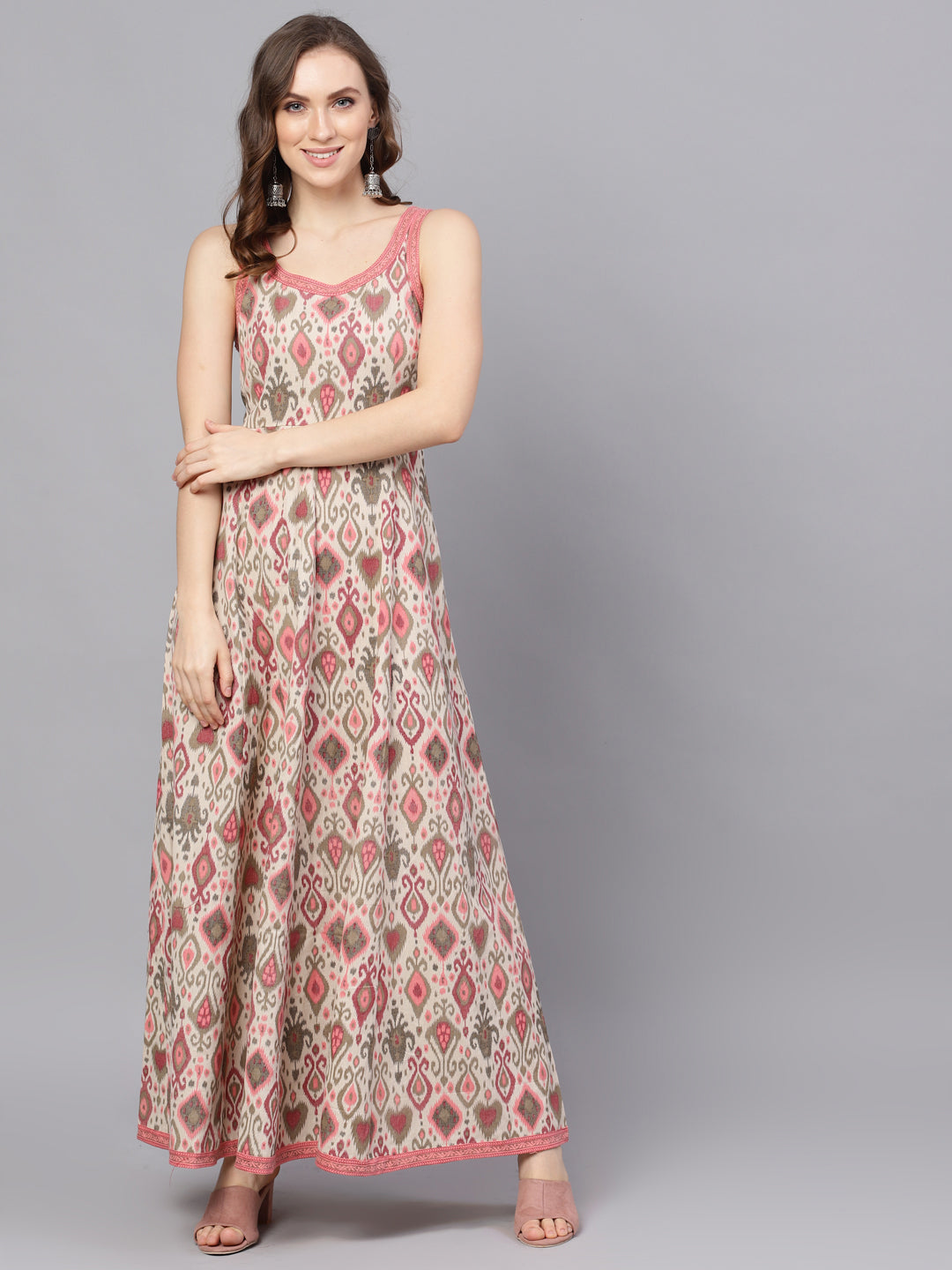 Women's Cream Printed Sleevless Maxi Dress