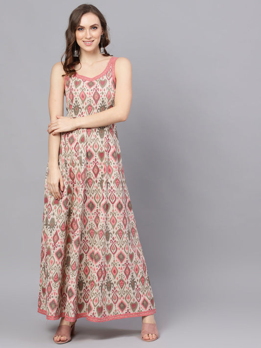 Women's Cream Printed Sleevless Maxi Dress