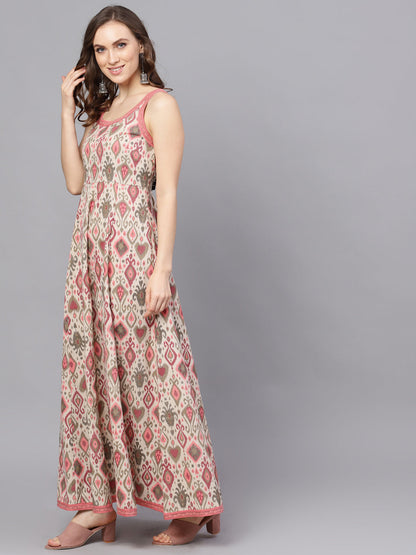 Women's Cream Printed Sleevless Maxi Dress