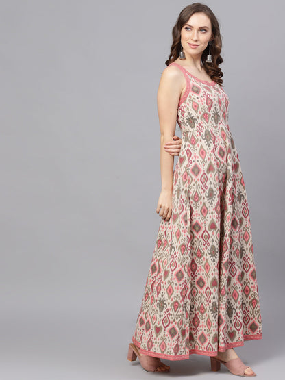 Women's Cream Printed Sleevless Maxi Dress
