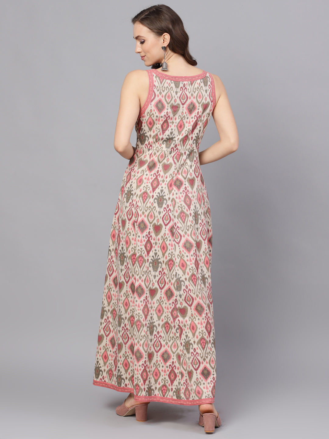Women's Cream Printed Sleevless Maxi Dress