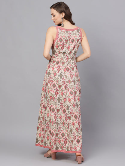Women's Cream Printed Sleevless Maxi Dress