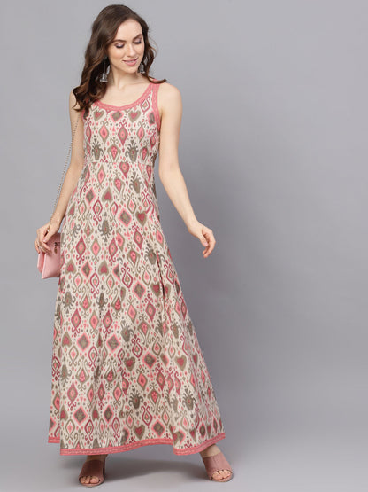 Women's Cream Printed Sleevless Maxi Dress