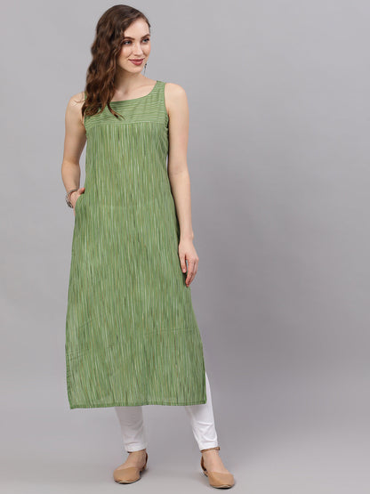 Women's Green Striped Sleeveless Straight Kurta