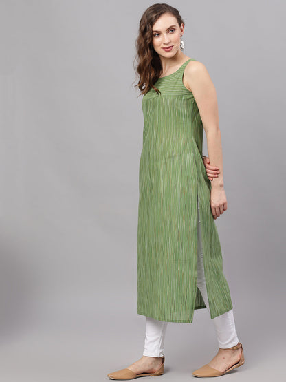 Women's Green Striped Sleeveless Straight Kurta