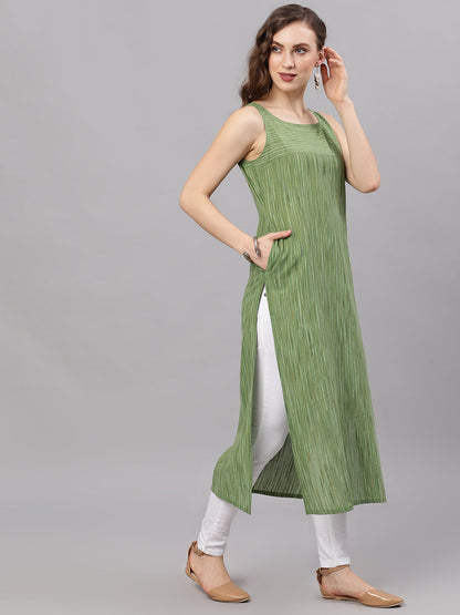 Women's Green Striped Sleeveless Straight Kurta