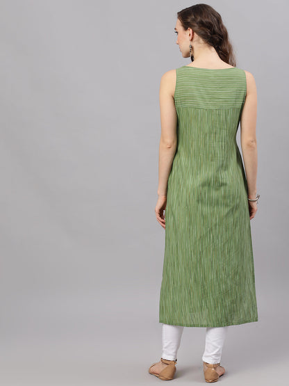 Women's Green Striped Sleeveless Straight Kurta