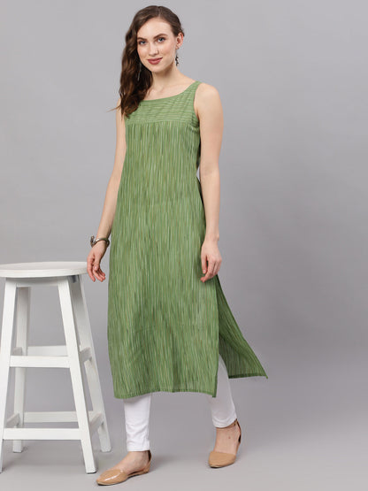 Women's Green Striped Sleeveless Straight Kurta