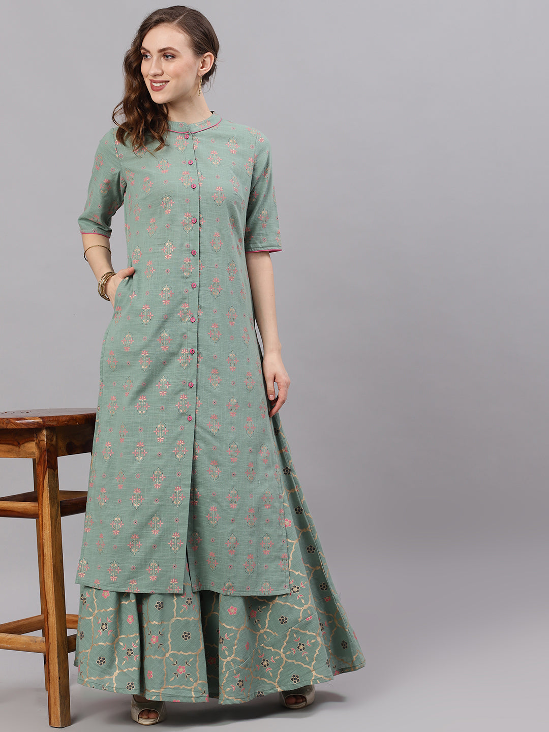 Women's Green Straight Button Down Kurta
