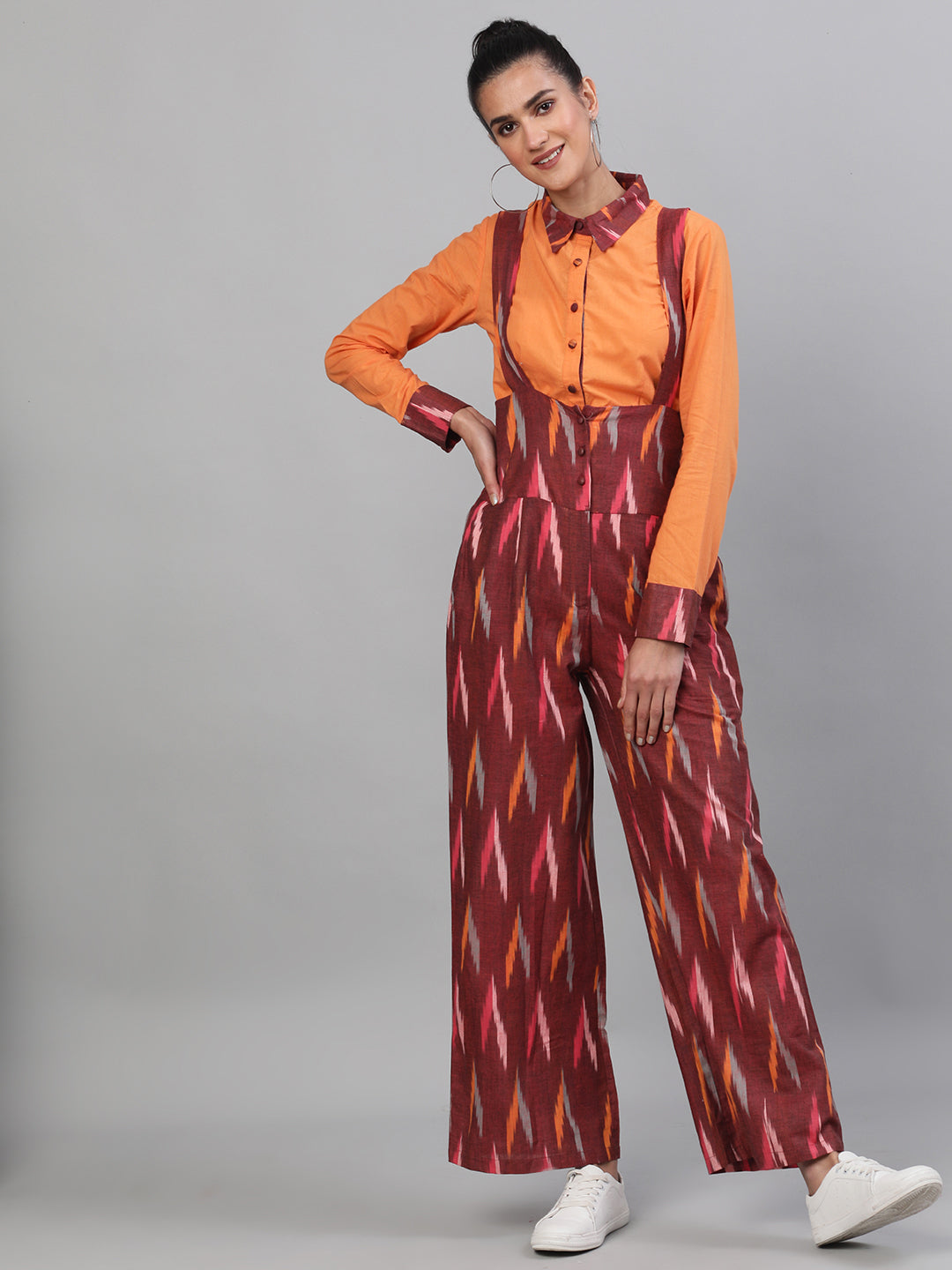 Women's Maroon Ikat Designed Dungaree