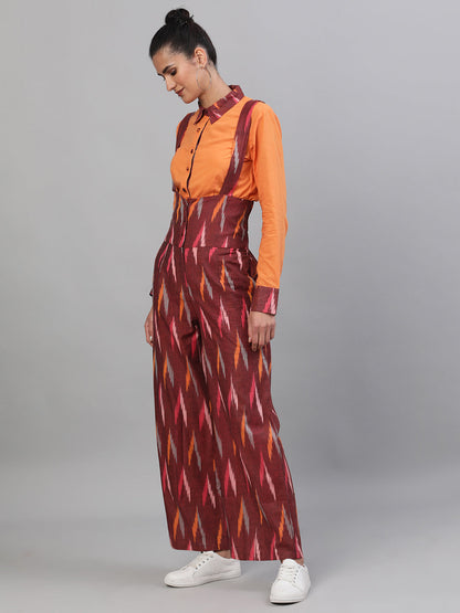 Women's Maroon Ikat Designed Dungaree