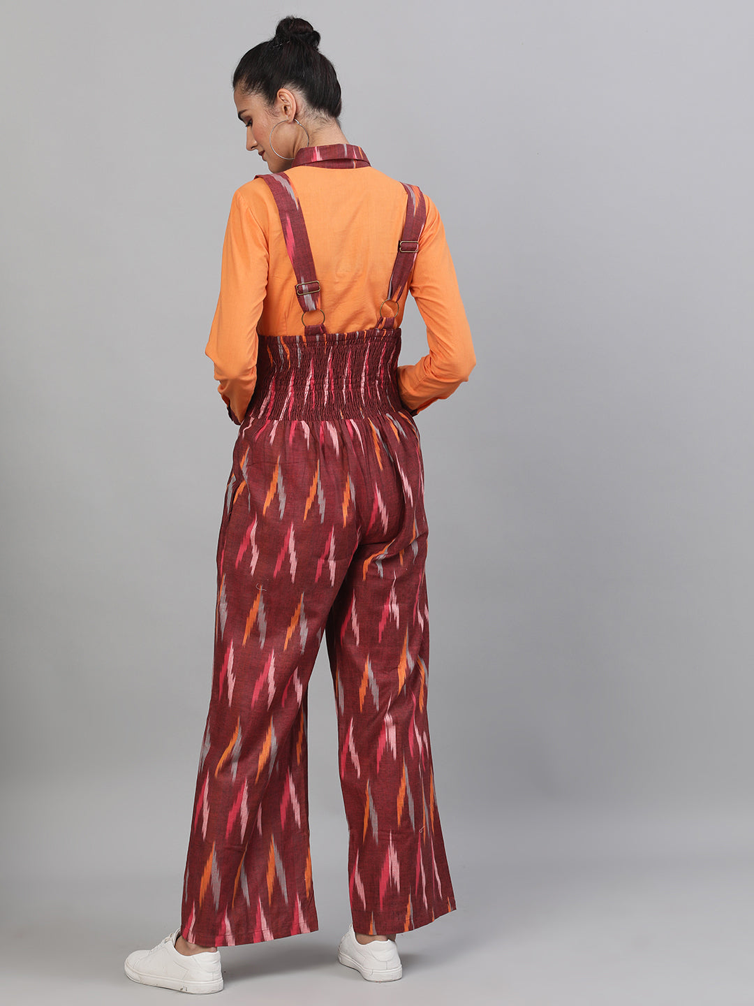 Women's Maroon Ikat Designed Dungaree
