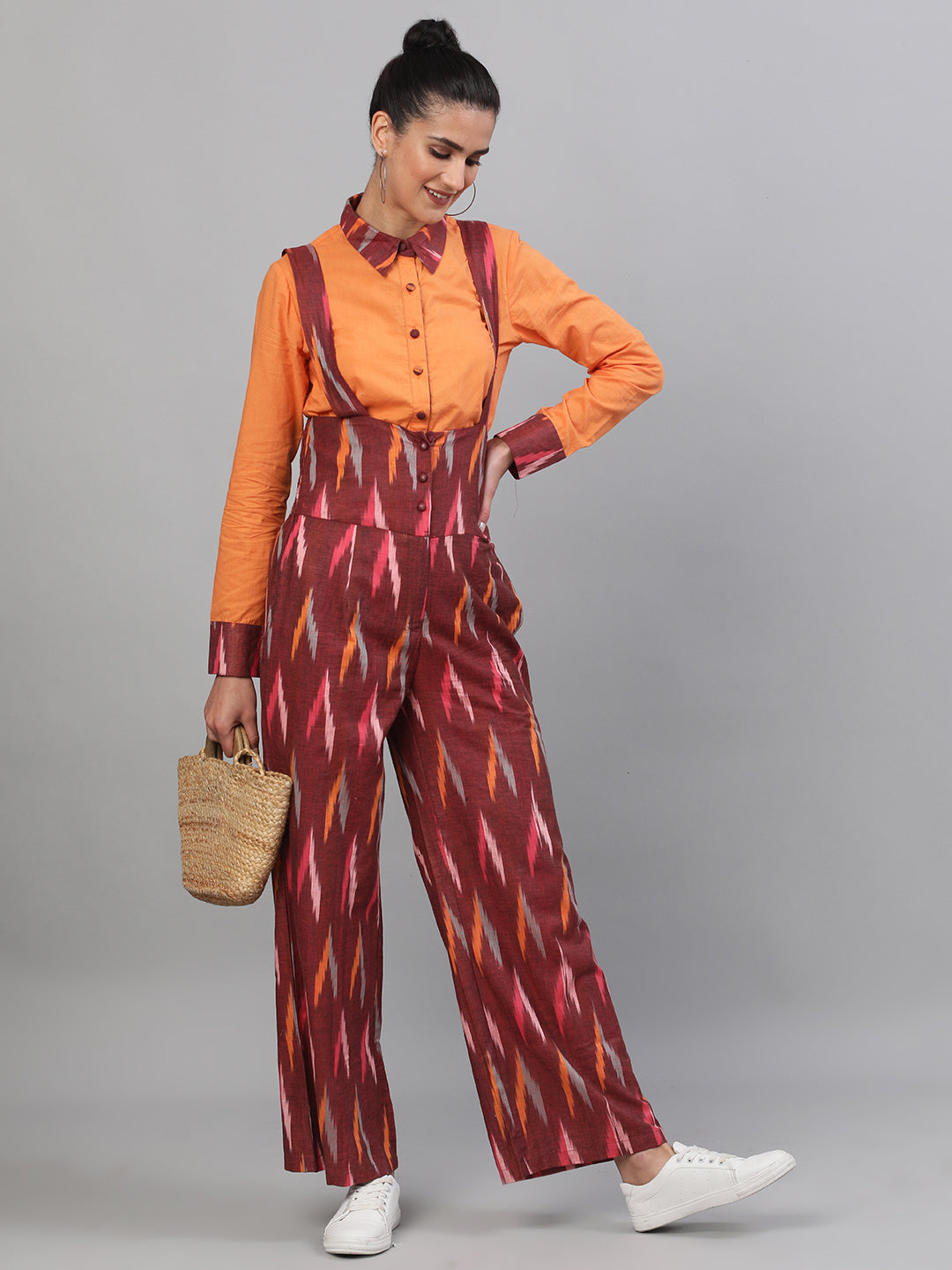 Women's Maroon Ikat Designed Dungaree
