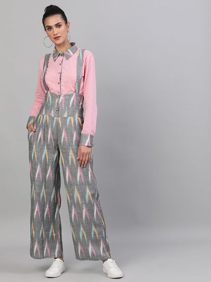 Women's Grey Ikat Designed Dungaree