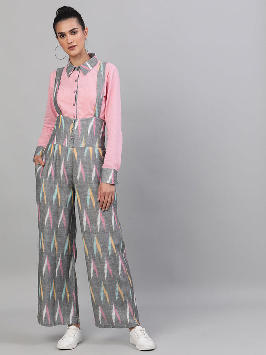 Women's Grey Ikat Designed Dungaree
