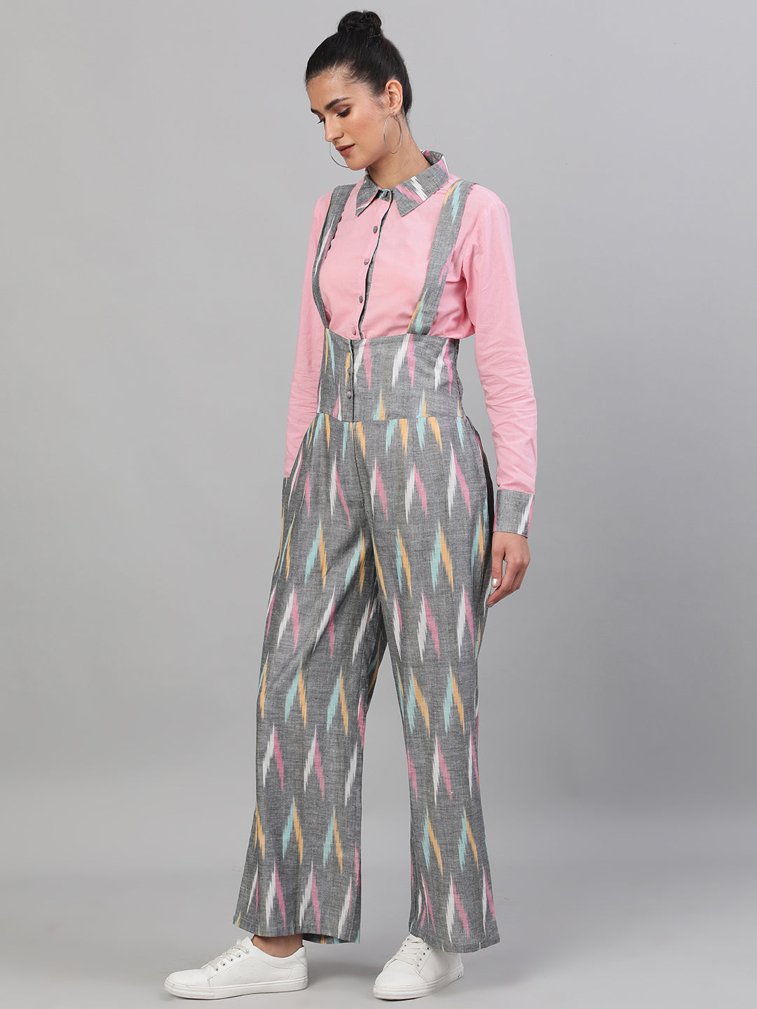 Women's Grey Ikat Designed Dungaree
