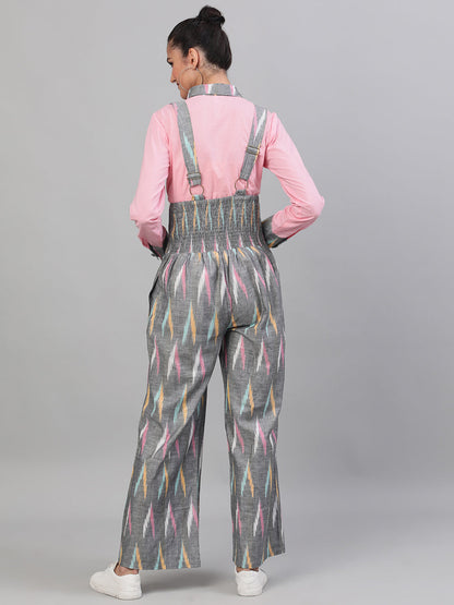 Women's Grey Ikat Designed Dungaree