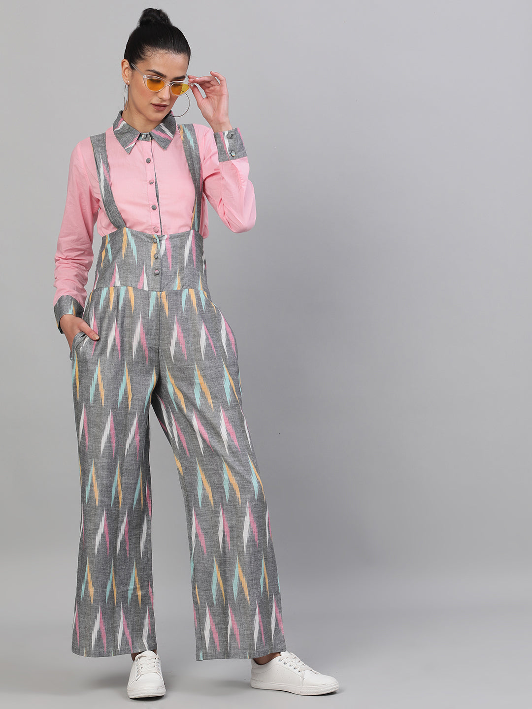 Women's Grey Ikat Designed Dungaree