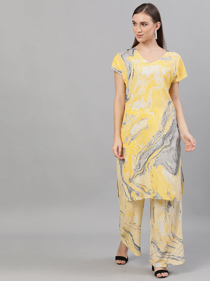 Women's Yellow & Grey Marble Print Kurta