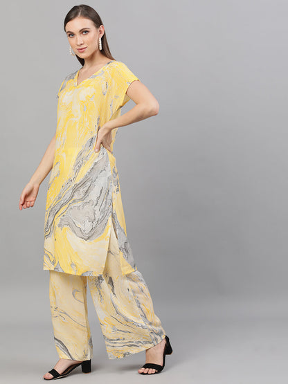 Women's Yellow & Grey Marble Print Kurta