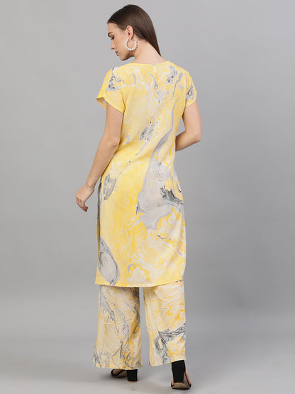 Women's Yellow & Grey Marble Print Kurta
