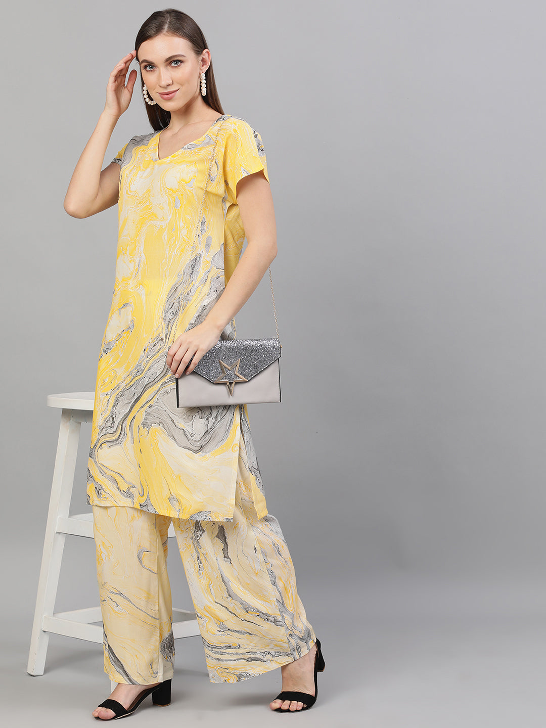 Women's Yellow & Grey Marble Print Kurta