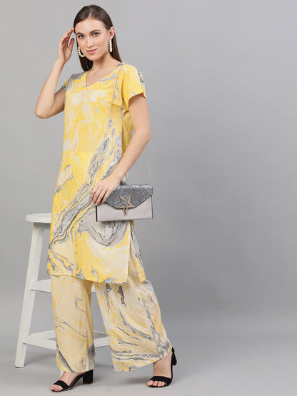 Women's Yellow & Grey Marble Print Kurta