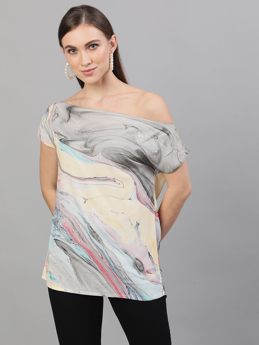 Women's Multicolor Marble Print Off-Shoulder Top