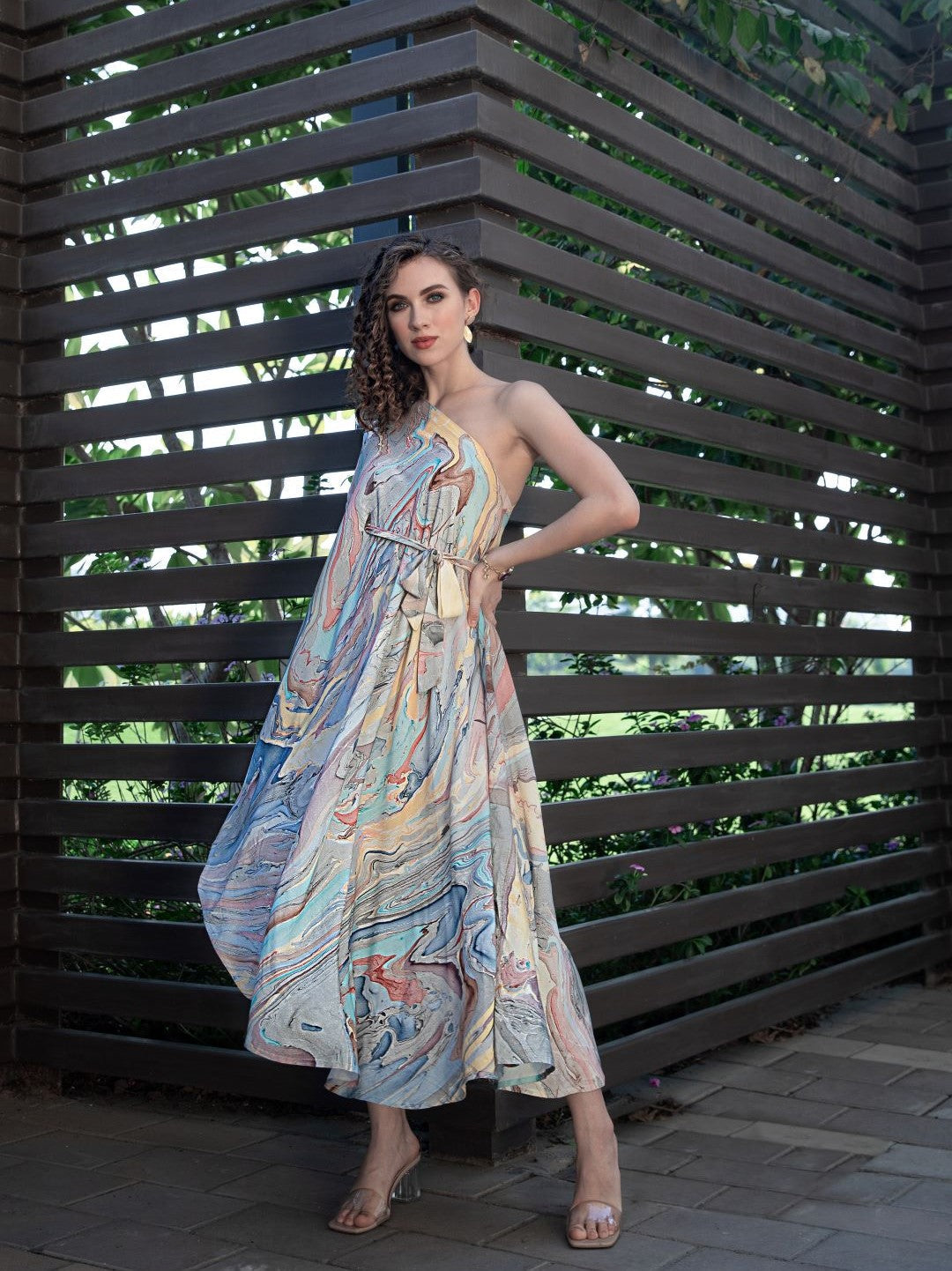 Women's Multicolor Marble Print Midi Dress